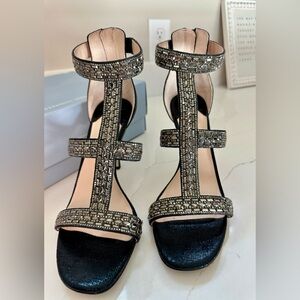 Crystal embellished, black leather, caged style, dress sandal